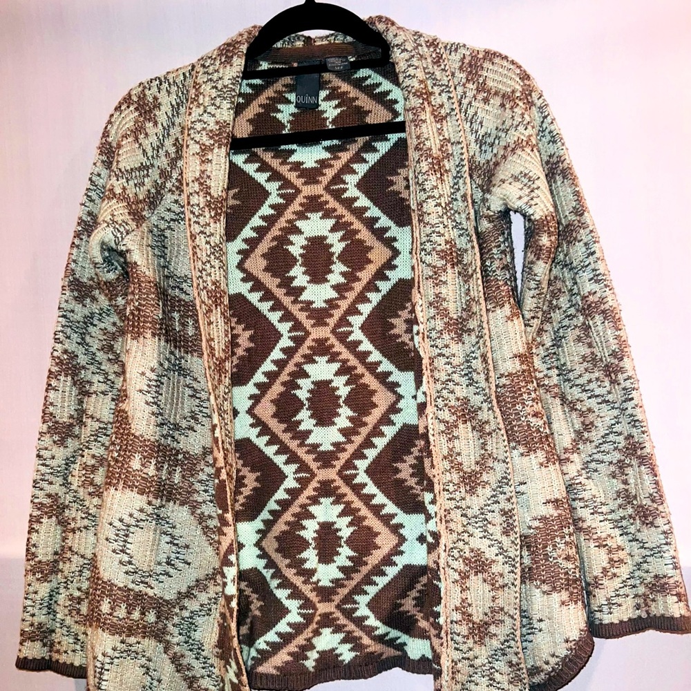 Quinn Aztec cardigan sweater sz small brown teal & cream colored - Picture 1 of 5